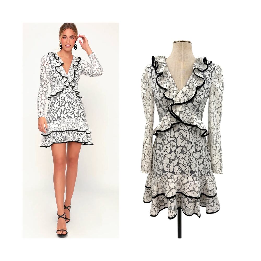 Keepsake the Label Encore Lace Ruffle Long Sleeve Mini Dress Ivory NWT XS